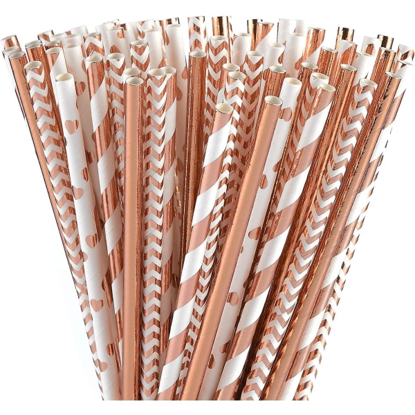 Biologisk nedbrytbare rosegull papirsugerør Bulk, pakke med 100 metallisk folie stripete/bølge-/hjertesugerør til bursdag, W