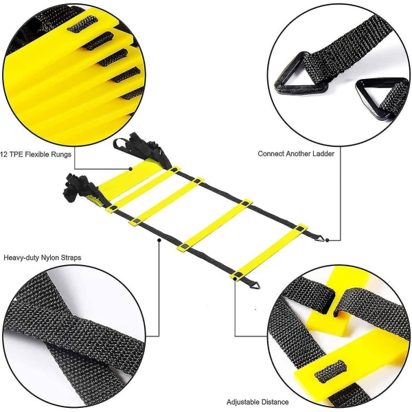 Speed Agility Ladder Træningssæt - 12 Sprosser Agility Ladder, 5 Kegler, 4 Stålpløkker & 2 Bæreposer