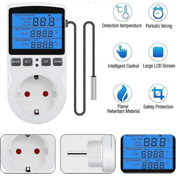 Digital termostatkontakt, 230V temperaturregulator med sensor, LCD-skjerm temperatursbryter, oppvarmings- og kjøletermostatkontakt, dag- og natt-timer