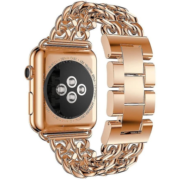 Kompatibel Apple Watch Band i rustfrit stål Metal Cowboy Chain Style Udskiftning Iwatch Series 7 Sportsrem Armbånd (guld/sort læder, 42mm/44mm