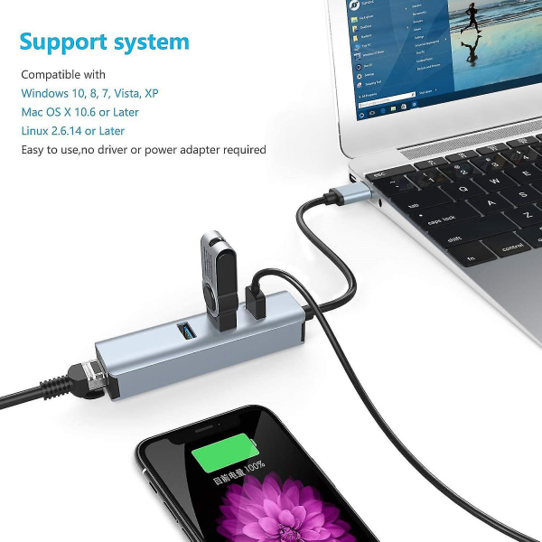 Usb 3.0 - Ethernet-sovitin, 3-porttinen Usb 3.0 -keskitin Rj45 10/100/1000 Gigabit Ethernet -sovittimella, tukee Windows 10,8.1, Mac Os, Surface Pro, Linux, Chrome