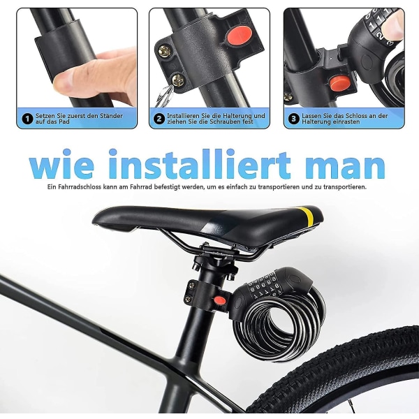 Sykkellås, kombinasjonslås 180cm/12mm, kabellås med 5-sifret kode, sykkellås med høysikkerhetsbrakett, lås for sykler, motorsykler, port