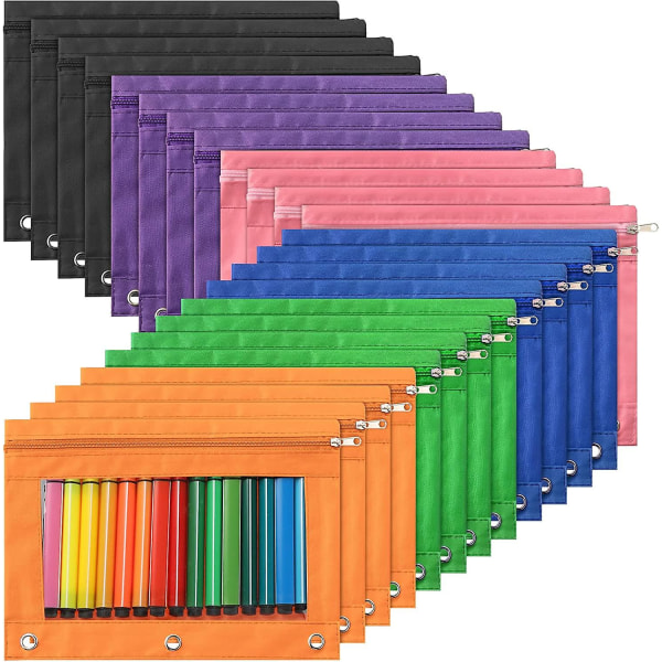 Bulk blyanthus, 24 stykker 3-ringet blyantpose med lynlås til 3-rings ringbind i forskellige farver med klart vindue til skolekontorartikler (6 farver, 9,8