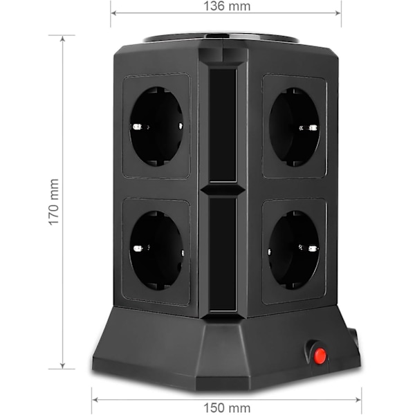 8-stikkontakt Power Strip Tower (2500w/10a) med 4 USB-opladnings porte (5v/4.5a), overspændingsbeskyttelse, sort