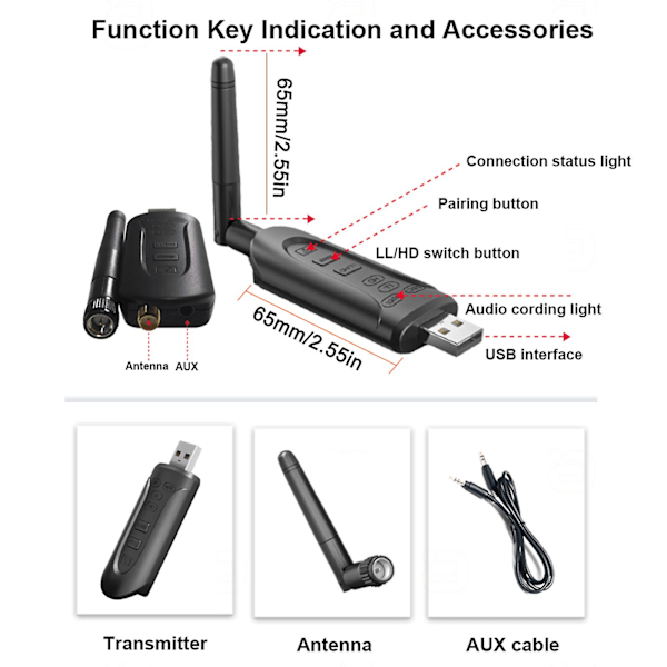 Langaton audiolähetin Ble5.3 USB-sovitinadapteri USB 5v virtalähde Aptx