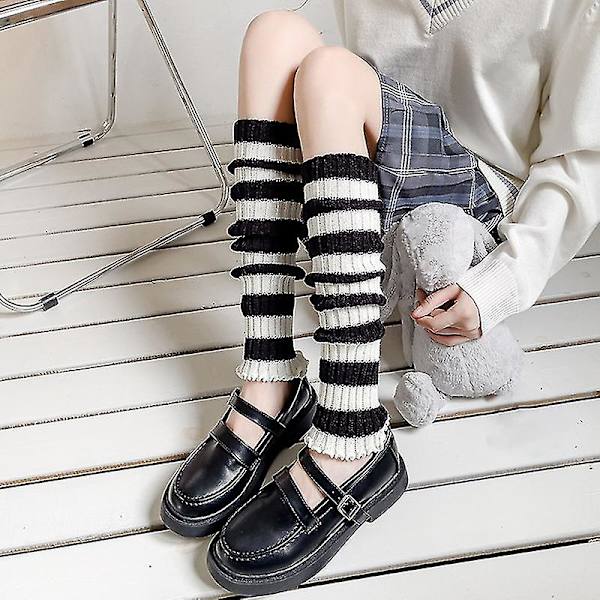 1 Par Leg Warmers Knæhøye Svart Hvit Stripe Strikket Elastisk Supermyk Hold Varme Kontrastfarge Høst Vinter Kvinner Støvletter Strømper For Utendørs Qi
