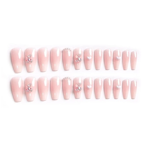 24 st pärlgelé falska naglar, söta 3d aurora kristallbjörn hjärta tryck på naglar bling glänsande gradient rosa falska naglar kärlek dejting fingertoppar