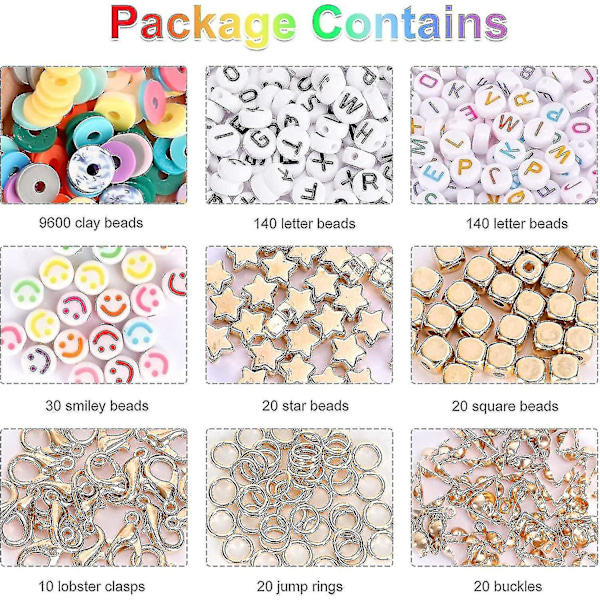9600 st lerpärlor för smyckestillverkningssats, 96 färger distans Heishi-pärlor platta runda polymer lerpärlor med bokstavspärlor Smiley-pärlor och elastisk stri