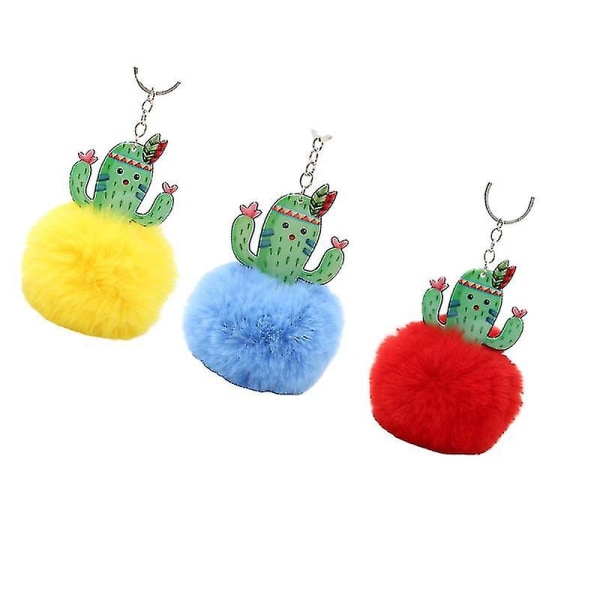 3st Chic Cactus Plyschboll Nyckelringar Kreativ nyckelhållare Härlig nyckelringväska Dekoration liten present (gul + blå + röd)