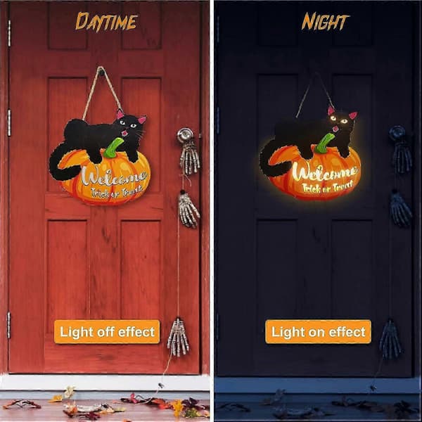 Halloween Sort Kat Græskar Velkomstskilt - Spooky Vægophæng til Boligindretning