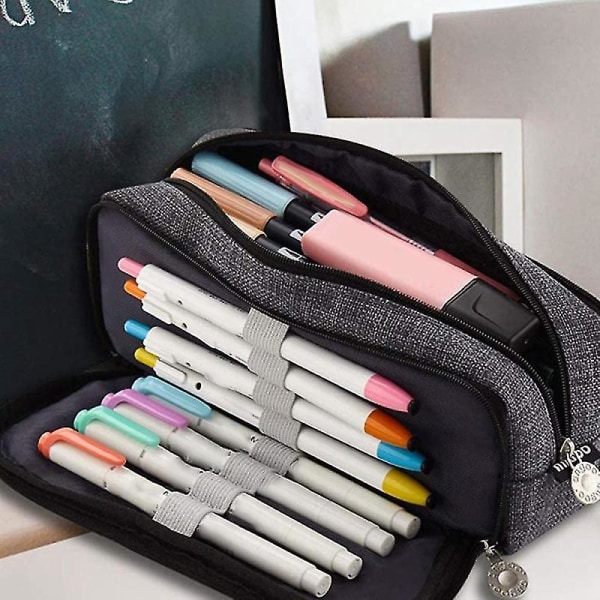 Angoo blyantveske med stor kapasitet 3 rom Canvas blyantpose for jenter skoleelever ,b