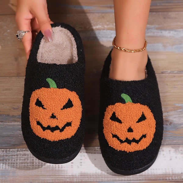 Halloween søte tegneserie gresskar bomull tøfler for par, varme bomull tøfler black 38-39 fits 37-38