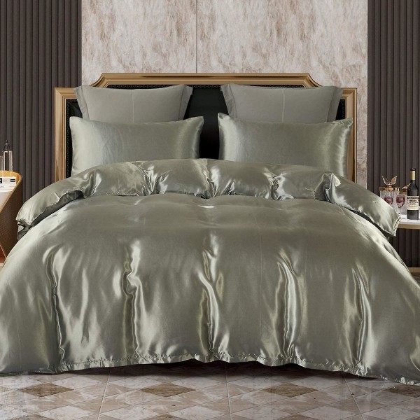3-delt satin sengetøjssæt med dynebetræk 220x240cm + 2 pudebetræk 50x75cm, 100% polyester silke sengetøj sæt, sølvgrå 2 personer