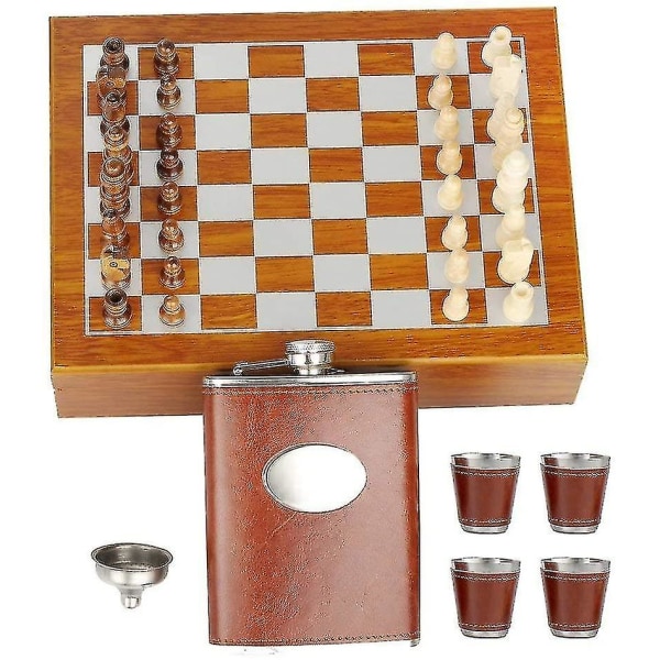 9,4" puinen shakki 8 unssia ruskea nahkainen set - ruostumattomasta teräksestä valmistetut pullot, suppilo ja 4 kuppia lahjarasia