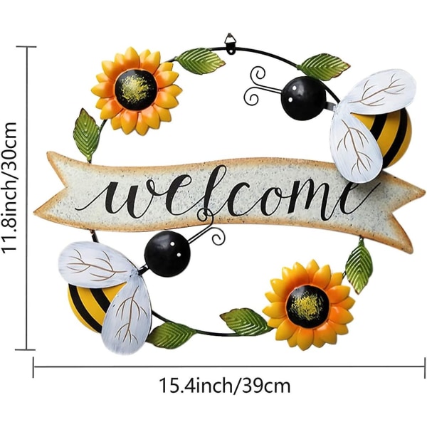 Metallinen tervetulokyltti - auringonkukka- ja mehiläisaihe - seinäteline sisä- tai ulkokäyttöön - keltainen mehiläinen