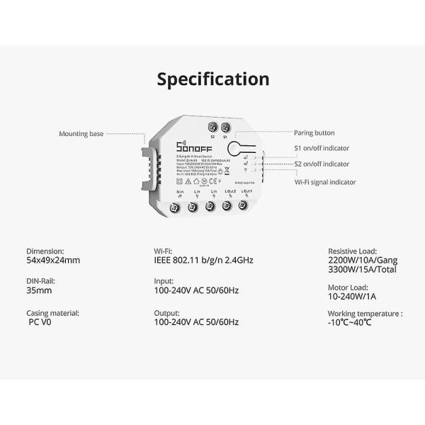 Dual R3 Smart Wifi-bryter 2-veis kontroll Diy Mini-bryter Strømmåling 2-gjengs Stemmestyring Via Ho