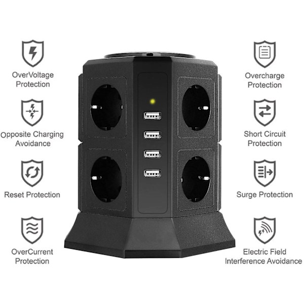 8-stikkontakt Power Strip Tower (2500w/10a) med 4 USB-opladnings porte (5v/4.5a), overspændingsbeskyttelse, sort