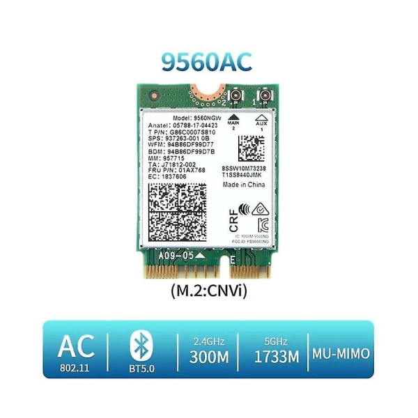 9560ngw Wifi-kort Adapter+antenn 1730mbps Trådlös Ac 9560 2.4g+5g Bt 5.0 802.11ac M.2 Cnvi 9560ng