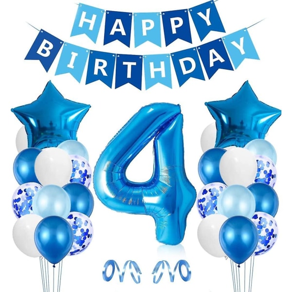 4-års fødselsdagsballon, blå 4-års fødselsdagspynt, Nummer 4 fødselsdagsballoner, latex