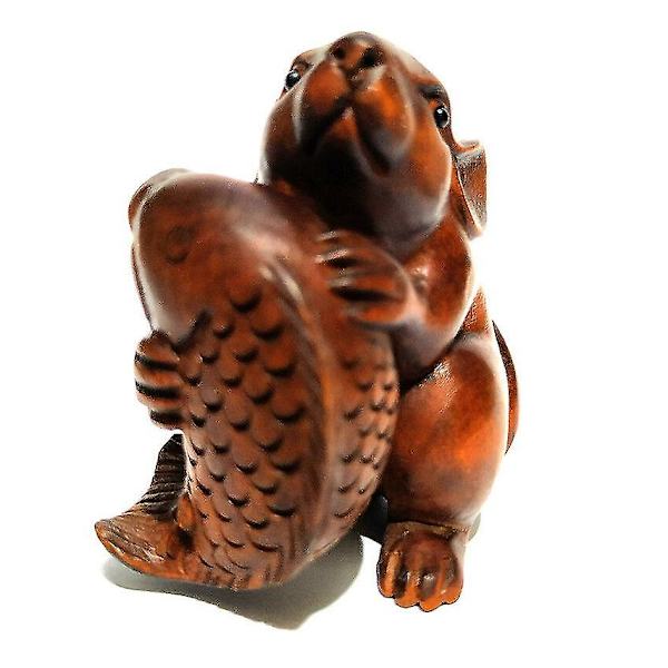 Cq021 - 2\" Käsin Veistetty Puksipuinen Netsuke-Veistos: Hiiri Ja Kala