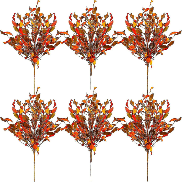 6 Pcs Artificial Fall Leaves Pumpkin Branches Autumn Faux Floral Picks 25.6 Inch Diy Maple Leaf Stems For Crafts Autumn Thanksgiving Home Kitchen Farm