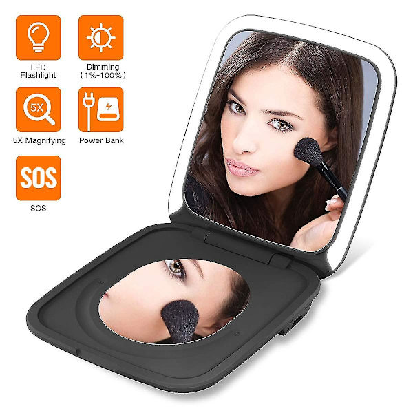 Led-belyst rejsemakeup-spejl, 1x/5x forstørrelse - dagslys-led, kompakt, bærbar, stort 4 tommer bredt belyst spejl, USB-opladelig, sort