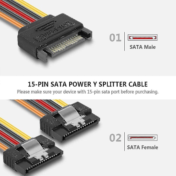 15 hann SATA-strømkabel, 15-pin hann til 15-pin hun, 15 cm - 2 stk.