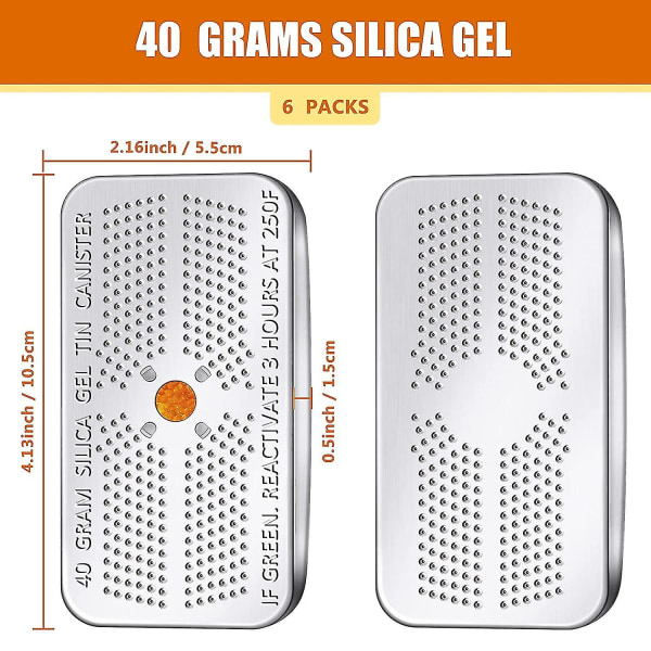 Kryc 6 Pack 40 gramman ilmaistava silikageelikuivausainesäiliö ilmankuivaaja oranssi osoittava kuivausaine uudelleen käytettävä kosteutta imevä pussi autokaappiin Ca