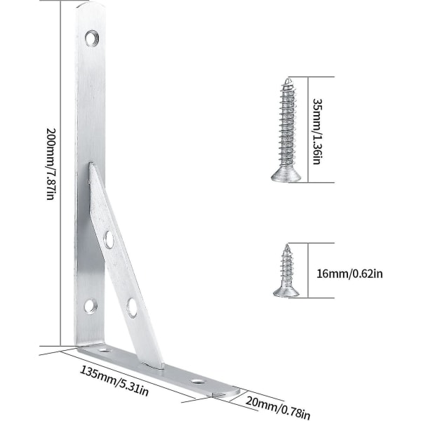 2 stk. vægbeslag, vægmonterede hyldebeslag, konsolvinkelbeslag, kraftigt beslag, 90 graders metalvæghjørnebeslag - 200x135 mm