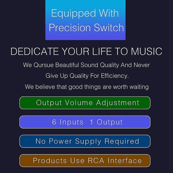 6 Input 1 Output Switcher Audio Source Selection Switcher RCA Audio Input Signal Selector Switch med volumjustering og manu.