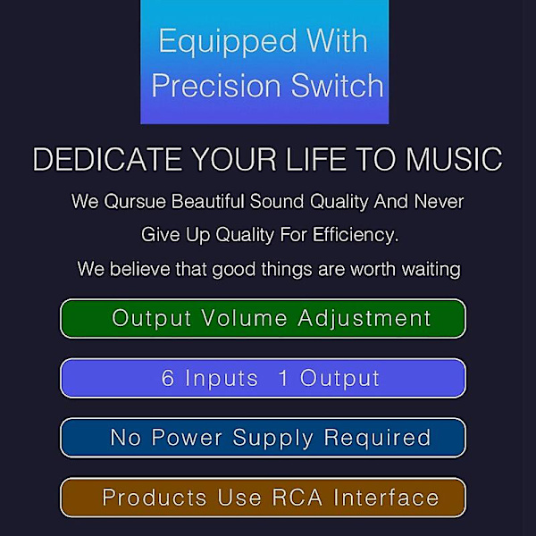 6 Input 1 Output Switcher Audiokildevalg Switcher RCA Audio Input Signal Selector Switch med Volumenjustering og Manu