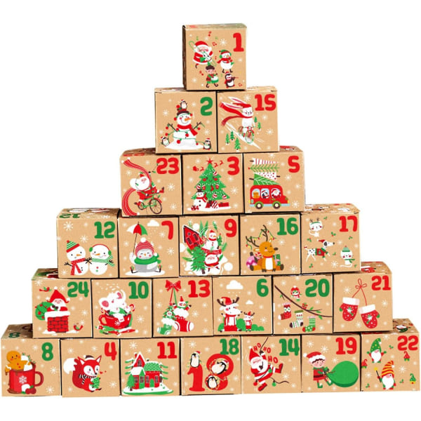 Juladventskalenderlådor 2023, julnedräkning 24 dagars presentförpackning, tomma adventskalenderlådor att fylla godispresent till barn