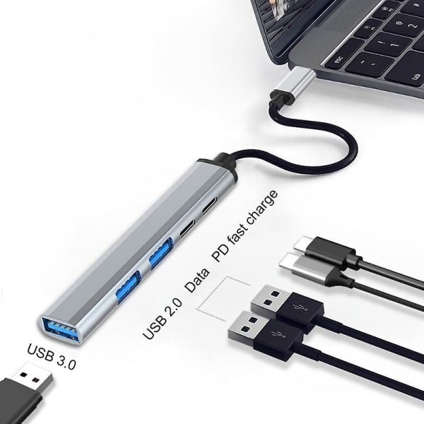 Ryra 5-i-1 USB-C Hub-strømadapter 5-ports Multifunksjons Splitter Adapter Støtte