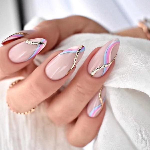 24-pack naglar för kvinnor Ovala flerfärgade vågiga guldlinje vågor för sommaren gör-det-själv-manikyrverktyg Heltäckande nagelklistermärken