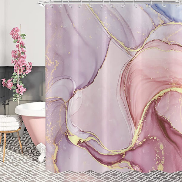Rosa duschdraperi, modern abstrakt blandad rosa lila guld marmor textur badrum gardin badkar heminredning vattentät tyg maskintvättbar med