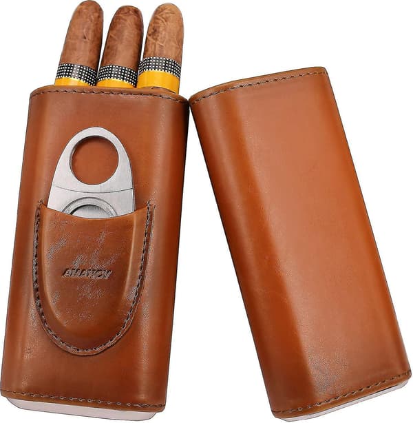 Premium 3-fingers Humidor i brunt läder, foder av cederträ, silverfärgad rostfri stålskärare