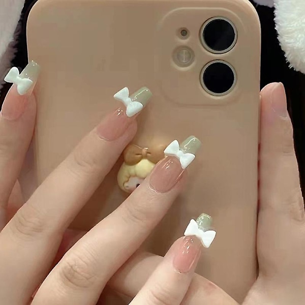 24pcs Pearl Jelly Fake Nails, Cute 3d Aurora Crystal Bear Heart Press On Nails Bling Glossy Gradient Pink False Nail Love Dating Finger Tips