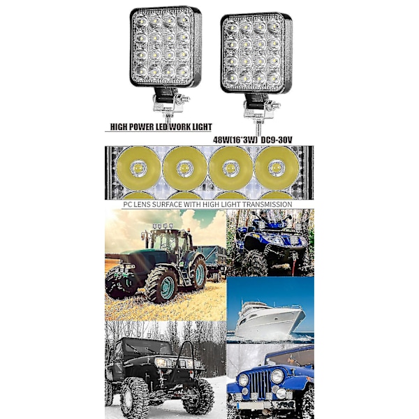 4 x 48w LED-arbejdslys, firkantet projektør 12v 24v langtrækkende LED-forlygter Ip67 spot flood baklys til bil lastbil traktor Suv båd(4 stk)