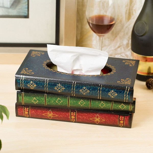 Tissue Box, European Shape Retro Book Tissue Wooden Box Tissue Serviett Dispenser Oppbevaringsboks Dekorative gjenstander, tre 25,5x14,5x10cm (blå)