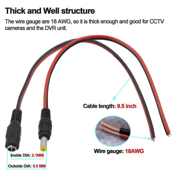 (ægte 18awg 43x2 kobbertråde) 10 par dc-strømstikkabel, 12v 5a han- og hunstik, milapeak cctv-sikkerhedskamera og belysningsstrømadapter