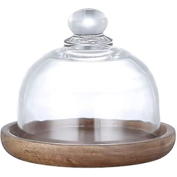 Tårtställ med kupol - Liten genomskinlig glasdessertklocka med serveringsbricka i trä, serveringsplatta, cupcake-display, kupolservering, tårtställ för C