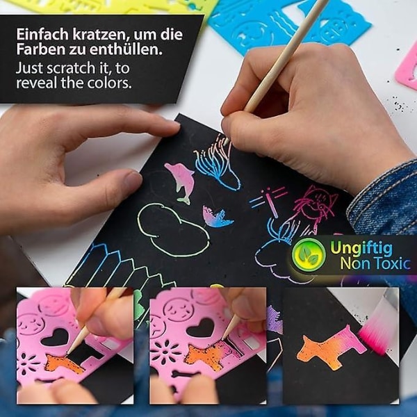 Skrapebrettsett for barn og voksne I 60 ark I Rainbow skrapepapir for tegning og håndverk