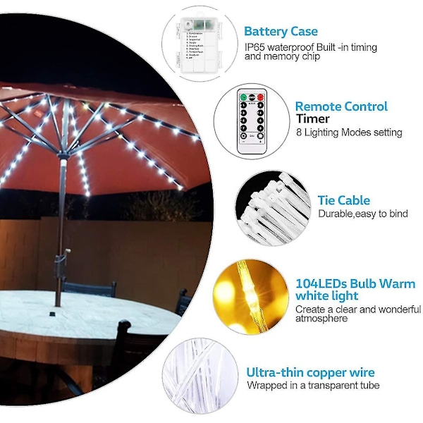 Parasol Lys, 8 Tilstande Patio Paraply Lys Med 104 LED'er, Vandtæt Have Parasol Lys Solenergi Drevet, Dæmpbar Med Timer Fjernbetjening