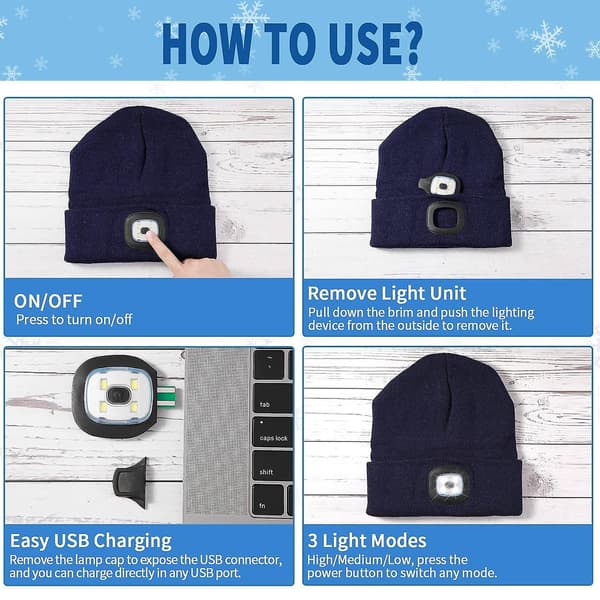 LED-ljusmössa, 4 LED-pannlampshatt, unisex vintermössa i stickad mössa för löpning - röd
