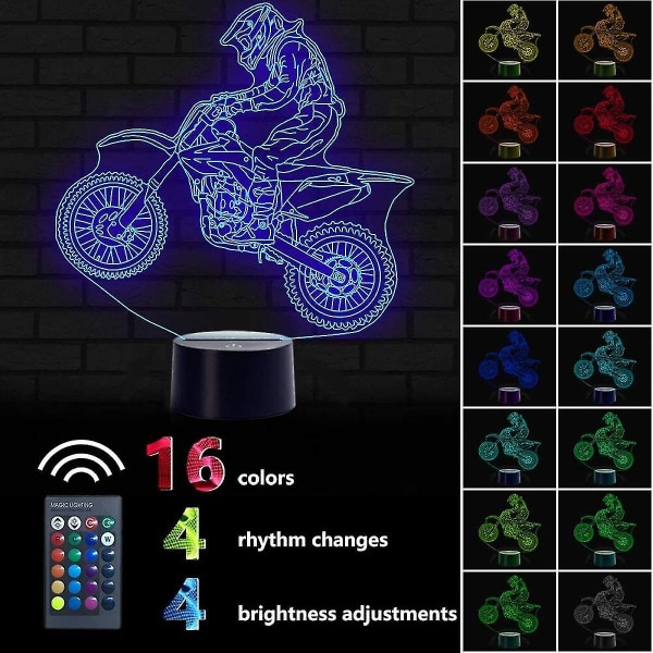 3D Nattlampa, Cross Country Motorcykel 3D Nattlampa, 16 Färgväxlande Ljus Med Fjärrkontroll Djurleksaker Sovrum Heminredning, För Pojkar Flickor