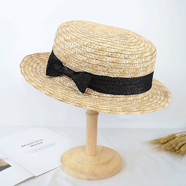 Søt barnejente stråhatt sløyfe solhatt barn brem strand sommer båtmann strandbånd rund flat topp fedora hatt