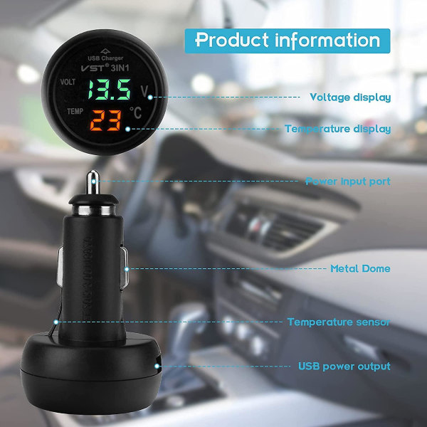 Bil voltmeter, 3 i 1 USB 5v 2a hurtiglading, bil digital voltmeter, termometerkontakt, for 12-24v bilbuss lastebil mobiltelefonlading