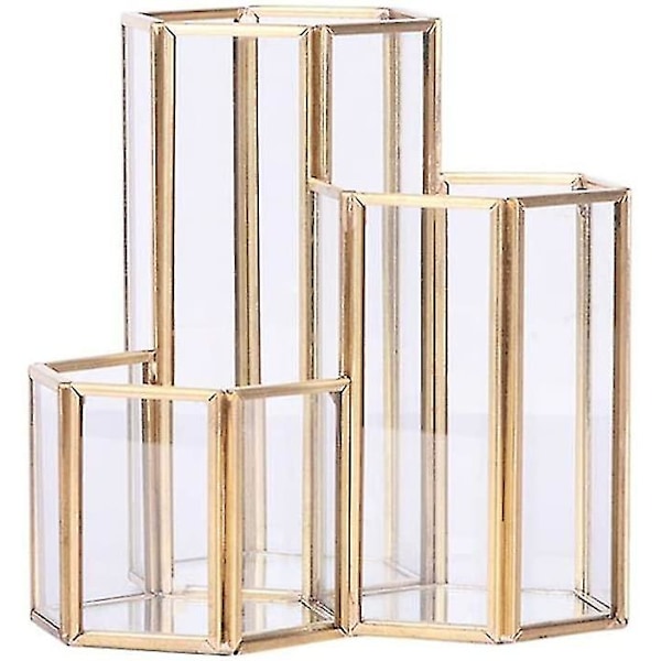 Pot Grave; Hexagon Klar Glas Multifunktionel Makeup Blyant Skrivebords Opbevaringsboks Til Opbevaring Af Kosmetik Og Andre Genstande 116mm Guld 1 Stk
