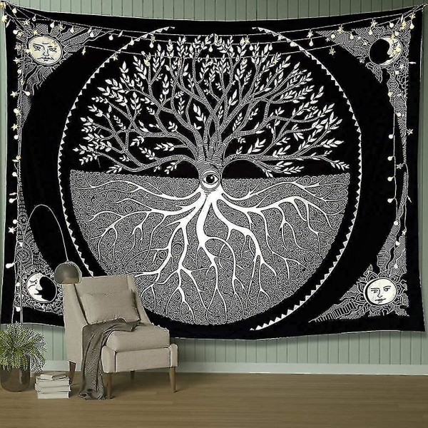 Tree Of Life Wall Tapestry Aurinko ja Kuu Esteettinen Tapestry Seinään ripustettava Black & White Mand