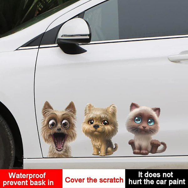 Set med 2 Simuleringsbilsdekaler, 3D Söta Kattbilsdekaler + Personlig Cartoon Hundbilsdekaler